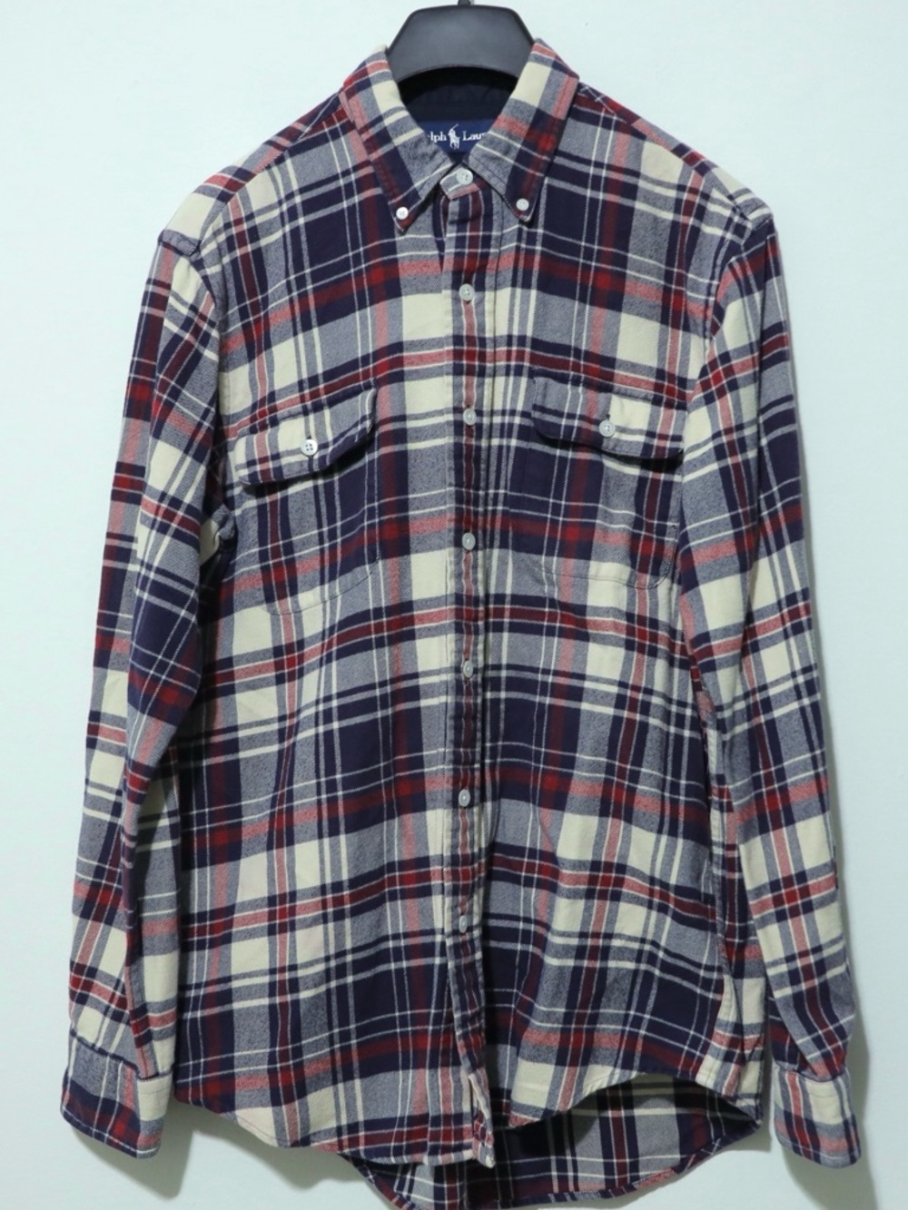 VTG Polo Ralph Lauren Shirt Mens Medium Plaid Cotton Flannel 2 Pocket Button Up